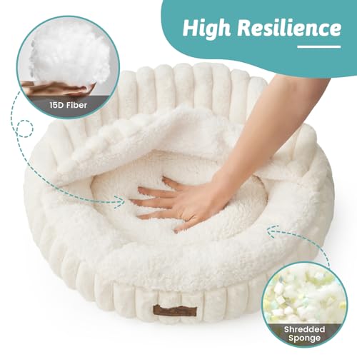 Cat Bed with Hooded Blanket, Round Fluffy Anti-Anxiety Pet Bed for Cats/Small Dogs, Cozy Donut Cuddler with Machine Washable Faux Fur & Anti-Slip Bottom(23"×23"×6",Cream) - color: Cream, size: 23"×23"×6"