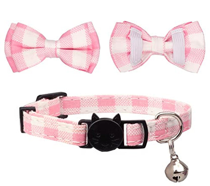 Cat Collar with Bow Tie Bell Breakaway Bowtie 2pcs Set Spring Plaid Flower Floral Solid Boy Girl Cute Kitten Safety A Pink Flower & Plaid - color: A [Flower & Plaid]-Pink
