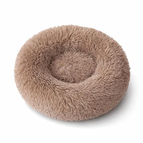SALAN Calming Donut Dog Bed for Small Dogs and Cats, 16 Inch Round Plush Faux Fur Pet Bed, Washable Fluffy Self Warming Anti Anxiety Cuddler Bed for Puppy, Kitten, Indoor Cats (Khaki) - color: Khaki