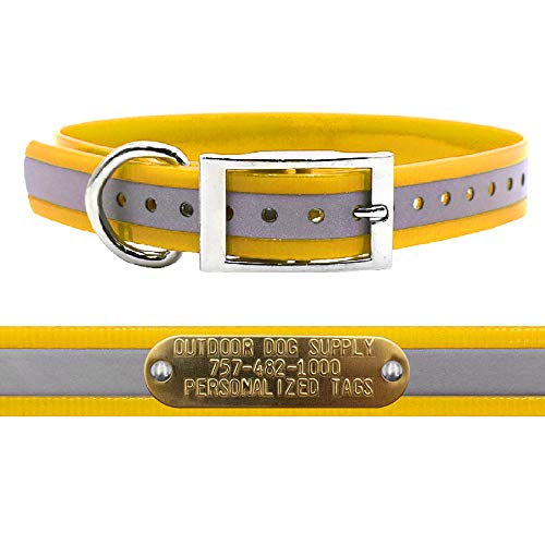 Outdoor Dog Supply 1" Heavy Duty Reflective Waterproof D-Ring Dog Collar for Medium & Large Dogs with 3/4" Custom Brass Nameplate (Reflective School Bus Yellow, 18") - color: Reflective School Bus Yellow, size: 18" Long