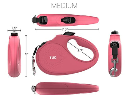 TUG Monochrome 360° Tangle-Free Retractable Dog Leash | 16 ft Strong Nylon Tape (Medium, Pink) - color: Pink, size: Medium, 16 ft
