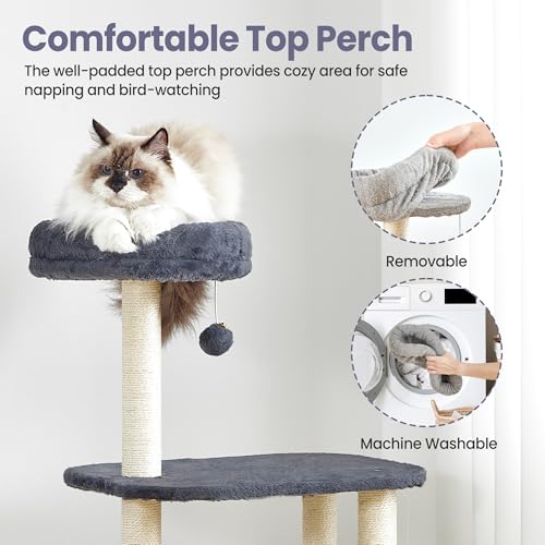 Small Cat Tree Tower with Lots of Scratching Posts - 42 Inch Medium Compact Cats Scratch House with Hammock Perch for Multi Level 2 Kitty - Indoor Corner Cat Bed Condo Climbing Gym Towers Furniture