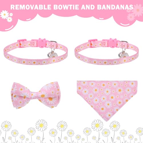 SCENEREAL Spring Cat Collar Breakaway with Bells, 2 Pack Cute Flower Pet Collar with Removable Bow Tie and Bandana, Adjustable Safety Buckle with Daisy Pendants for Girl Cats Kitten - color: Bandanas & Bow (Daisy-Pink)