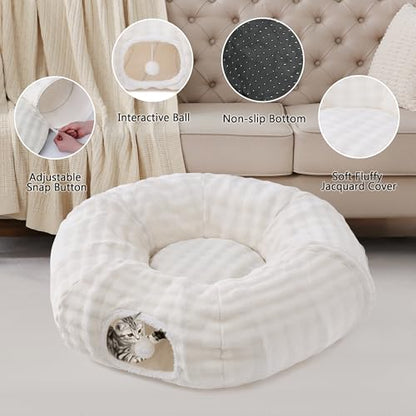 Bubble Cat Tunnel for Indoor Cats, Round Peekaboo Cave Toy with Dangling Balls, Donut Tunnel Bed with Circle Mat for Puppy Kitten Rabbit, Cream White - color: Cream White