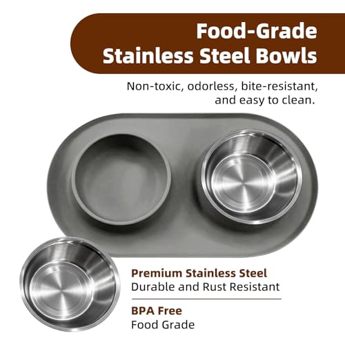 Double Cat Food Bowls with Silicone Base, Stainless Steel Dishes, Non-Slip Feeding & Water Station, Easy-Clean Pet Bowls for Cats, 1.75-Cup Capacity Each, Grey
