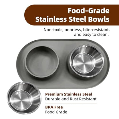 Double Cat Food Bowls with Silicone Base, Stainless Steel Dishes, Non-Slip Feeding & Water Station, Easy-Clean Pet Bowls for Cats, 1.75-Cup Capacity Each, Grey