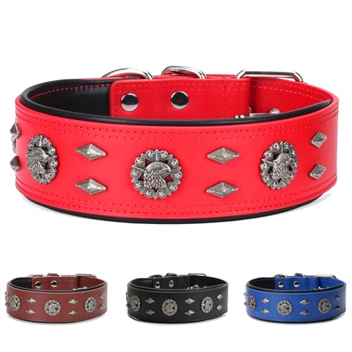 Premium Leather Dog Collar for Medium Dogs - 1.6-Inch Wide Adjustable Soft Handmade Eagle Hardware Ornamental Collar for Large Breeds, Durable & Comfortable - Red - color: Red, size: Width 1.6",Neck Size 16.5"-20.5"