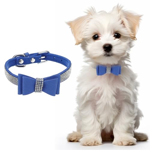 Cute Dog Collar with Bling Rhinestone, Bling Dog Collar Adjustable Leather Diamond Sparkling Jewel Accessories 15", (Dark Blue), Intended for Teacup/Cat/Small Medium Large Pet - color: Dark Blue, size: 15 Inch