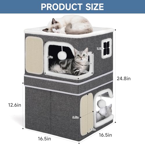 Double Cat Beds for Indoor Cats, 2-Storey Cat House with Large Cozy Hideaways, Dual Purpose Cat Cave Cube with Scratch Pads, Hanging Balls, Foldable Indoor Cat Houses for Multi Cats Kittens Small Pets - size: Double
