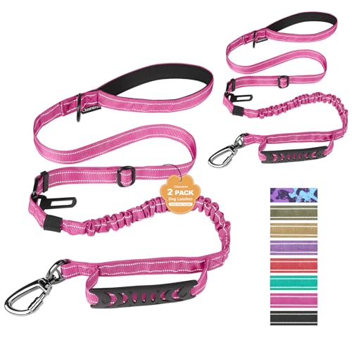 2 Pack Heavy Duty Dog Leash for Medium Large Dogs That Pull,4-6FT Shock Absorbing Bungee Tactical Dog Leash with Control Padded Handle and Car Seatbelt,Reflective Walking Training Lead,Pink - color: 2-Pack Pink