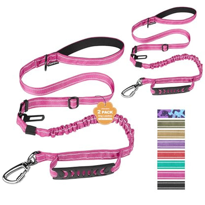 2 Pack Heavy Duty Dog Leash for Medium Large Dogs That Pull,4-6FT Shock Absorbing Bungee Tactical Dog Leash with Control Padded Handle and Car Seatbelt,Reflective Walking Training Lead,Pink - color: 2-Pack Pink
