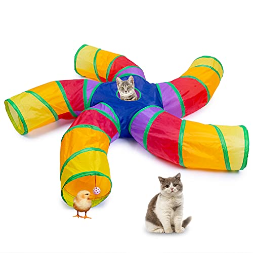 EGETOTA Cat Tunnel for Indoor Cats Large, with Play Ball S-Shape 5 Way Collapsible Interactive Peek Hole Pet Tube Toys, Puppy, Kitty, Kitten, Rabbit (Multicolor) - color: Multicolor