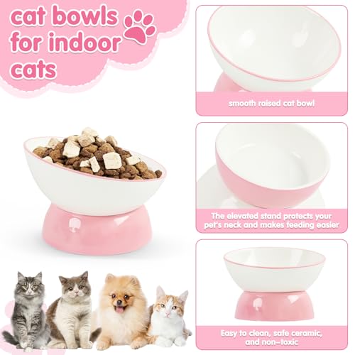 Cat Food Bowl, Ceramic Cat Bowls, Anti Whisker Fatigue Cats Bowl Set,Shallow Wide Kitten Plates for Food and Water (Pale Pink Xie) - color: Pale Pink Xie