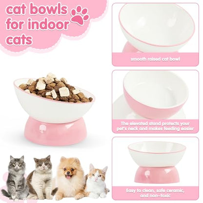 Cat Food Bowl, Ceramic Cat Bowls, Anti Whisker Fatigue Cats Bowl Set,Shallow Wide Kitten Plates for Food and Water (Pale Pink Xie) - color: Pale Pink Xie