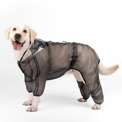 Olsa Dog Raincoat, Dog Hooded Slicker Poncho, 4 Legs Rain Jacket with Reflective Stripe, Transparent Water Proof Resistant Rain Snow Clothes for Small Medium Large (Black, 4XL) - color: Black, size: 4XL