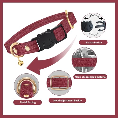 Cat Collar Breakaway with D-Ring and Safety Buckle, Adjustable, Soft Sheep Leather and Lightweight for Kittens and Small Pets (Neck Fit 7.5"-11", Rose Red) - color: Rose Red (7.5–11")