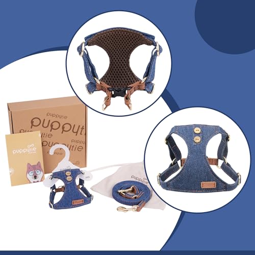 No Pull Small Dog Harness with Multifunction Dog Leash,Lightweight Soft Adjustable No Choke Escape Proof Pet Harness Vest Pet Harness Vest,Denim Blue,S - color: Button-Denim Blue, size: S