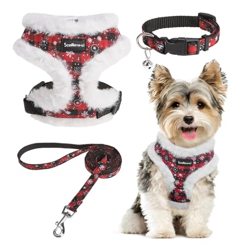 SCENEREAL Dog Christmas Harness Collar and Leash Set, Warm Fleece No Pull Puppy Vest Harnesses No Chock Adjustable Small Pet Halter for Outdoor Walking Training, Black Red Plaid XS - color: Fleece-Christmas-White Fleece (With Collar), size: XS: Chest Girt