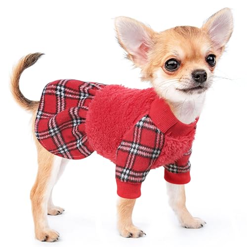 Dog Sweater Dresses for Small Dogs Girl Boy, Plaid Dog Clothes Outfit, Winter Warm Fleece Princess Plaid Dresses, Pet Festival Outfits Apparel Clothing, Small, Red, S - color: Red, size: Small (Chest 15in )