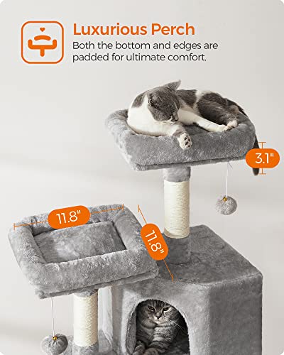 Feandrea Cat Tree, 45.3-Inch Cat Tower, Plush Condo with Scratching Post, Ramp, Perch, Spacious Cave, for Small Space, Light Gray UPCT141W01 - color: Light Gray