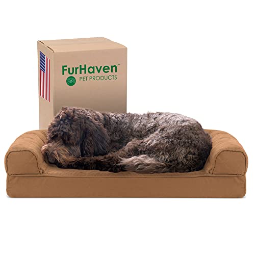 Furhaven Cooling Gel Dog Bed for Medium/Small Dogs w/ Removable Bolsters & Washable Cover, For Dogs Up to 35 lbs - Quilted Sofa - Toasted Brown, Medium - color: Toasted Brown, size: Medium