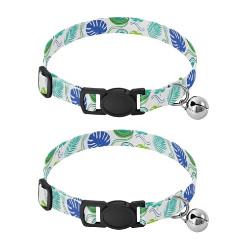 Tropical Leaves Colorful Dog Bell Collar 2 Pack Cats Collar Adjustable Length 10.6" to 17.1" - color: Tropical Leaves Colorful