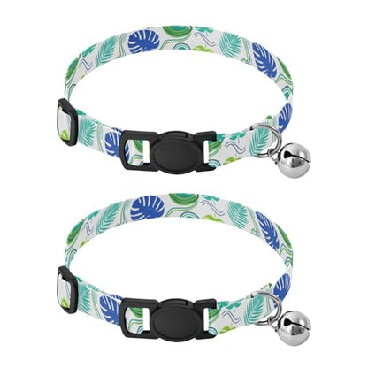 Tropical Leaves Colorful Dog Bell Collar 2 Pack Cats Collar Adjustable Length 10.6" to 17.1" - color: Tropical Leaves Colorful