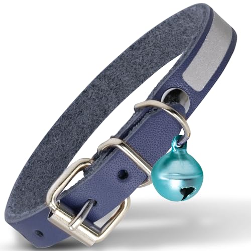 Filbert Leather Cat Collar, Reflective Cat Collar, Leather Accessories with Bell, Bird Warning, Suitable for Indoor and Outdoor, Non Breakaway, Durable, Stylish Design, Royal Blue - color: Royal Blue, size: S: ⅜" W x 6-8" Neck