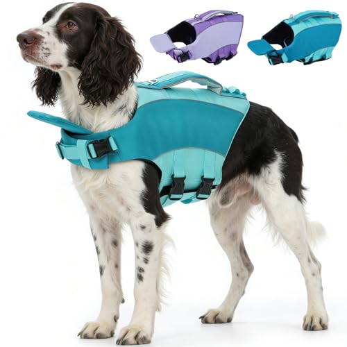 Kuoser Dog Life Jacket, Front Float Dog Life Vest for Swimming Boating, Reflective Pet Swim Suit with Rescue Handle & D-Ring & Chin Float for Small Medium Large Dogs, Green M - color: Green, size: M(Chest:20.5"-25.2")