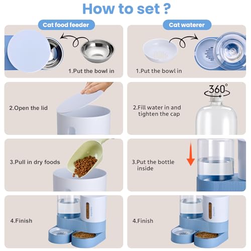 2 Pack Automatic Cat Feeder Stainless Steel Water Dispenser Gravity Food Feeder and Waterer Set with Pet Food Bowl for Small Medium Kitten Puppy Pets Large Capacity(Blue) - color: Blue