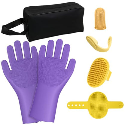 7PCS Dog Bath Brush | Pet Grooming Gloves | Storage Bag | Soothing Massage Rubber Comb with Adjustable Ring Handle | Pet Bathing For Dogs and Cats (Lavender Purple) - color: Lavender Purple