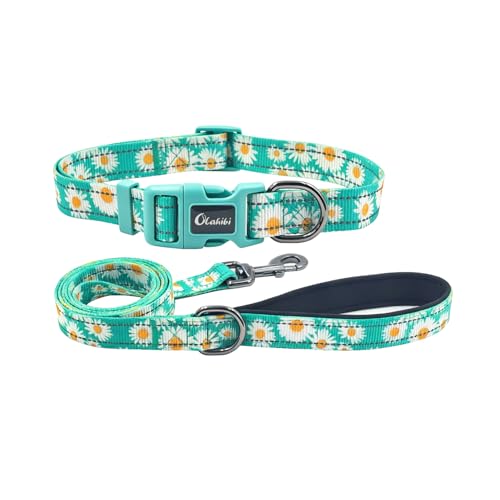 Dog Collar Leash Set, Floral Pattern, with Safety Reflective Strips, 5 ft Matching Leash, Neoprene Padded Handle, Adjustable 4 Sizes for Small Medium Large Dogs.(S, Green Daisy) - color: Floral Daisy Green, size: Small