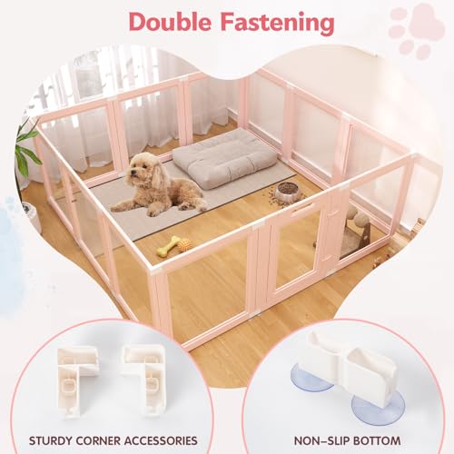 DIY Clear Acrylic Dog Playpen Indoor, Transparent Easy Cleansing Puppy Fence with Suction Cup, Easy-Assemble Indoor Whelping Crate for Small Puppies (23.6" H, 12PCS), Pink - color: Pink, style: 12PCS