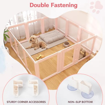 DIY Clear Acrylic Dog Playpen Indoor, Transparent Easy Cleansing Puppy Fence with Suction Cup, Easy-Assemble Indoor Whelping Crate for Small Puppies (23.6" H, 12PCS), Pink - color: Pink, style: 12PCS