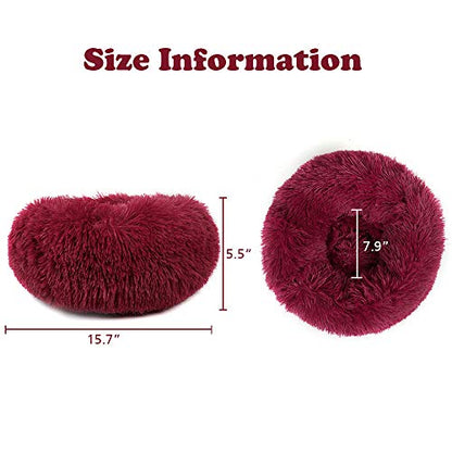 otoez Kitten Puppy Bed Extra Small XS Round Dog Cat Beds Anti Anxiety Plush Pet Calming Donut Bed with Non-Slip Waterproof Bottom, Washable (15.7", Dark Red) - color: Dark Red, size: 15.7"