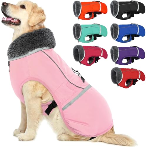 QBLEEV Warm Dog Coat Reflective Dog Jacket, Waterproof Dog Winter Coat Turtleneck Dog Clothes for Cold Weather, Thick Fleece Dog Snowsuit Christmas Dog Vest Pet Apparel for Small Medium Large Dogs M - color: Pink, size: Medium