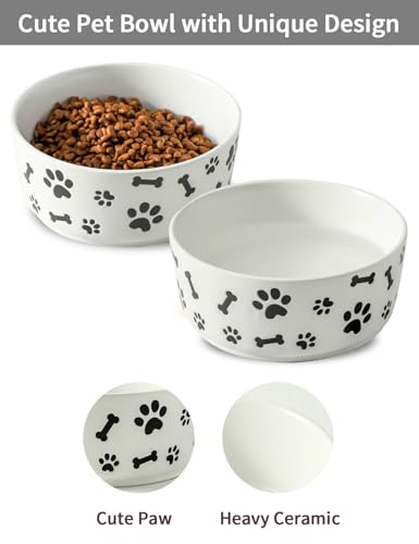 UBEE Ceramic Dog Bowl Set of 2, 6.5 inch Dog Food Bowl Dish with Bone Paw Pattern, Pet Food Water Dish Feeding for Small and Meidum Dogs and Large Cat, White - color: White-dog paw, size: 6.5 inch x 2