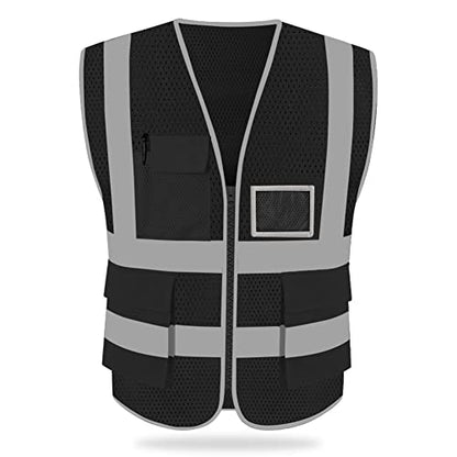 HYCOPROT High Visibility Mesh Safety Reflective Vest with Pockets and Zipper, Meets ANSI/ISEA Standards - color: Black, size: X-Large