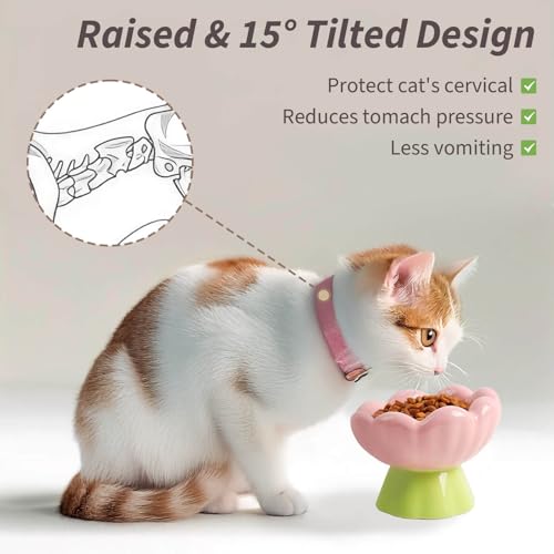 Ceramic Raised Cat Bowl Elevated, Tall & Tilted, Anti-Vomiting, Non-Slip, Cute Flower Cat Food Bowls for Dry Wet Food and Water, for Small Indoor Cats, Pink - size: Tall Bowl