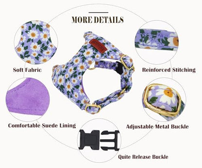 No Pull Dog Harness Adjustable Small Dog Harness and Leash Set, Lightweight and Soft Dog Harness No Choke Escape Proof Pet Harness Vest (Purple Daisy, XS) - color: Purple Daisy, size: XS