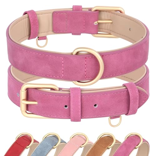 Didog Soft Padded PU Leather Dog Collar, Adjustable Dog Collars for Medium Dogs with Durable Metal Buckle and D Ring,Hot Pink,L - color: Hot pink, size: L: Fit Neck 13-17"(22-44lbs)