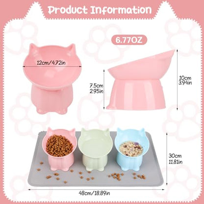 3 Pcs Elevated Cat Bowls 15°Raised Cat Food Bowl with Silicone Mat Whisker Friendly Anti Vomiting Cats Dishes Pet Food and Water Bowls for Indoor Cats Kittens - color: Fashion