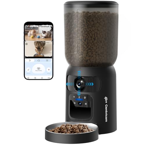 5G WiFi Automatic Cat Feeder with Two Camera: Automatic Pet Feeder with Laser Pointer, Cat Food Dispenser with Night Vision for Multiple Pet, Detachable for Easy Clean -24 Cup -6L Storage - color: Laser-Black