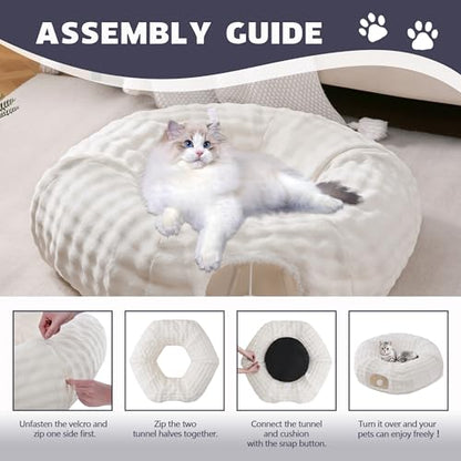 Bubble Cat Tunnel for Indoor Cats, Round Peekaboo Cave Toy with Dangling Balls, Donut Tunnel Bed with Circle Mat for Puppy Kitten Rabbit, Cream White - color: Cream White