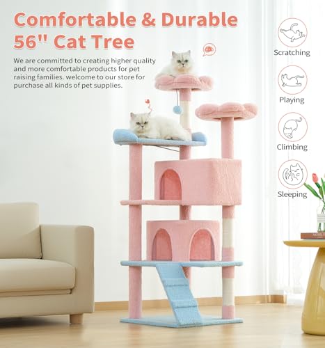 Made4Pets Cat Tree Tower 56" Cat Tower for Indoor Cats Kitten Tree Multi-Level Cat Tree with 2 Condo Furniture Activity Center with Scratching Posts Funny Toys (Pink Flower Blue) - color: Pink Flower Blue