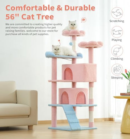 Made4Pets Cat Tree Tower 56" Cat Tower for Indoor Cats Kitten Tree Multi-Level Cat Tree with 2 Condo Furniture Activity Center with Scratching Posts Funny Toys (Pink Flower Blue) - color: Pink Flower Blue