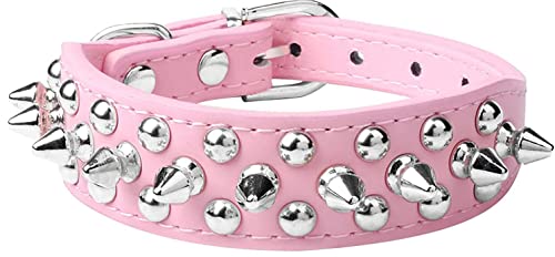 Spiked Dog Collar Soft Pu Leather Mushrooms Rivet Spike Studded Puppy Adjustable Pet Collars for Small Breeds (S, Pink) - color: Pink, size: Small