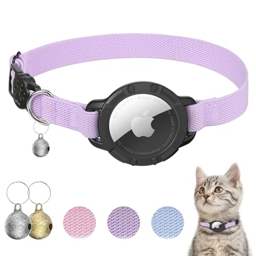 AirTag Cat Collars, Stretchy Collar with Apple AirTag Holder and Bell, Breakaway Ultra Design Elastic GPS Tracking Collars for Cats and Puppies, (7.5-12.5 Inch), Purple - color: Purple