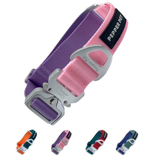 Heavy Duty Tactical Dog Collar,Metal Buckle Quick Release Collar for Large Dogs,1700 LB Strength Tested,Dual Color Nylon Collar for Walking,Training & Hunting - color: Purple, size: M