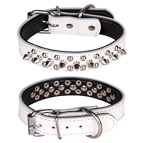 Spiked Studded Dog Collar, Genuine Leather Dog Collar, Adjustable Pet Collars for Small or Medium Pet (S, White-2) - color: White-2, size: S